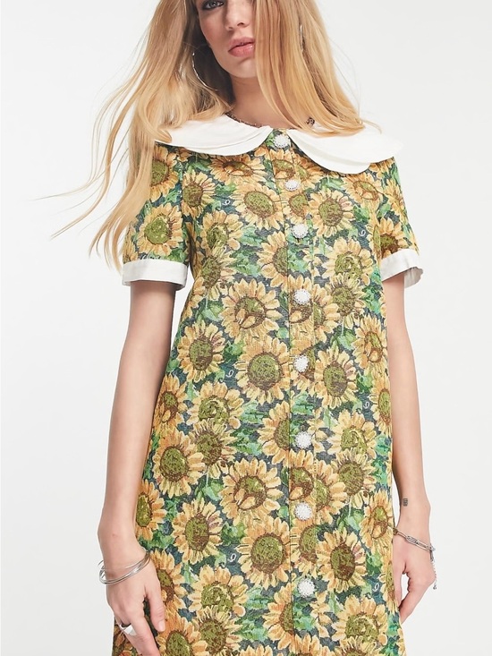 Sister Jane Dresses & Skirts - Sister Jane Yellow Sunflower Button-Front Dress with White Peter Pan Collar